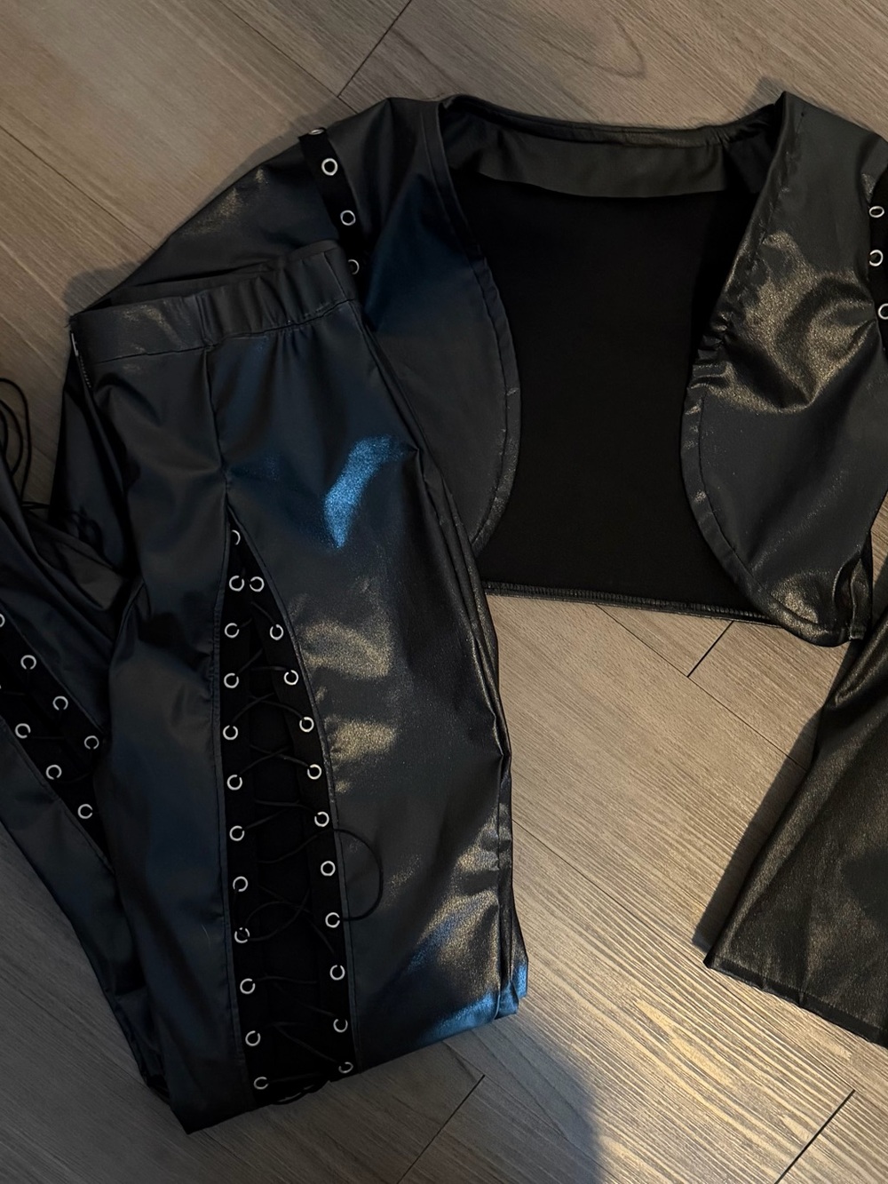 Faux Leather Pleather Set w/ Bolero Shrug & High-rise Lace Up Leggings